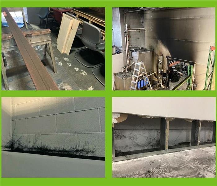 These four photos show extensive soot damage in different areas of a large warehouse