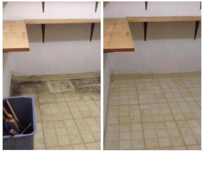 Before and after photos of a finished basement after technicians cleaned up.
